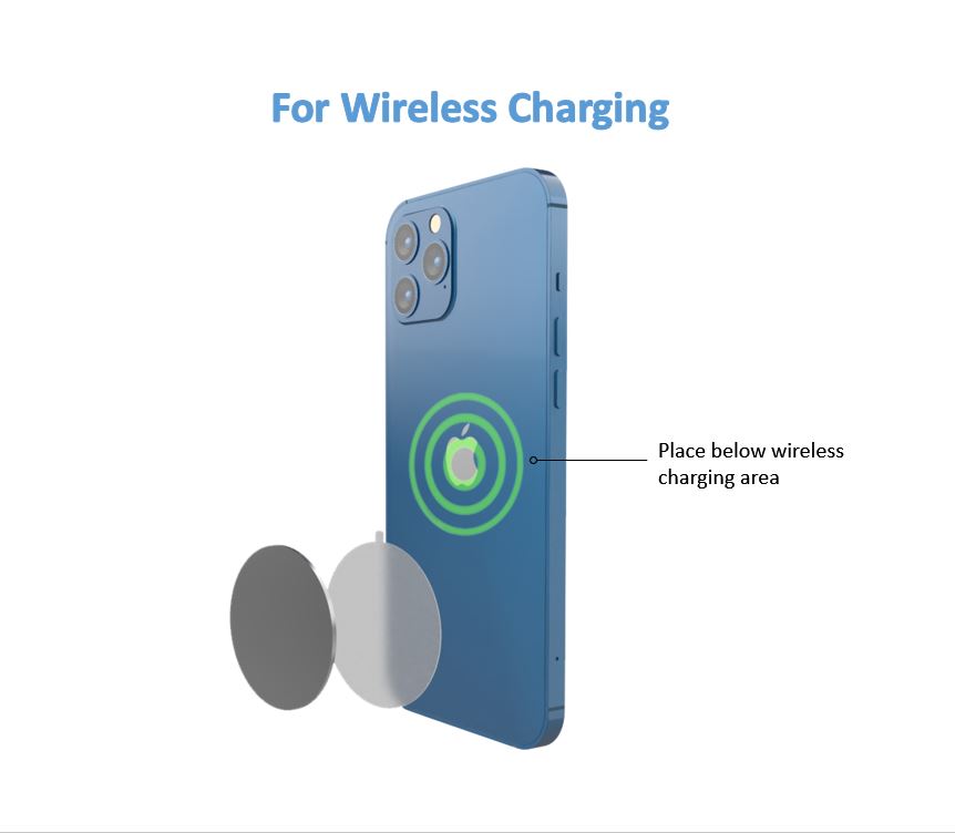 GPOD GOLF metal plate installation instructions for wireless charging. Place the metal plate below wireless charging area.
