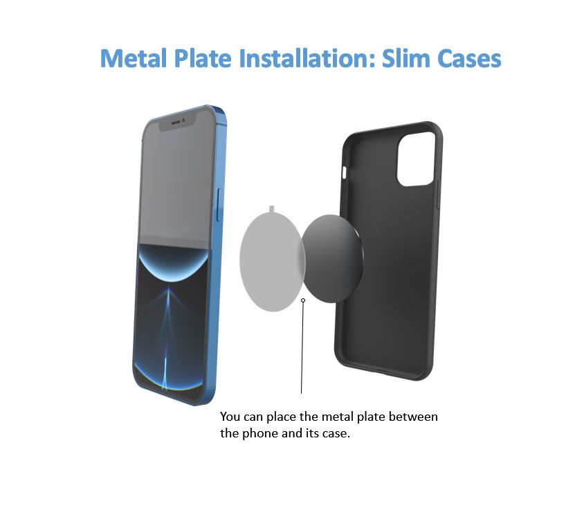 GPOD GOLF metal plate installation instruction for slim cases. You can place the metal plate between the phone and its case. 