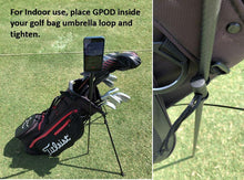 Load image into Gallery viewer, GPOD GOLF phone holder attached to a golf bag for indoor use
